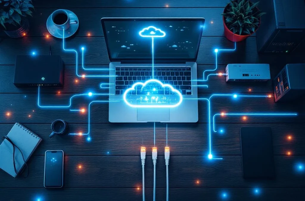 Moderne bureautafel met laptop, netwerkapparatuur en ethernet kabels die cloud computing infrastructuur tonen