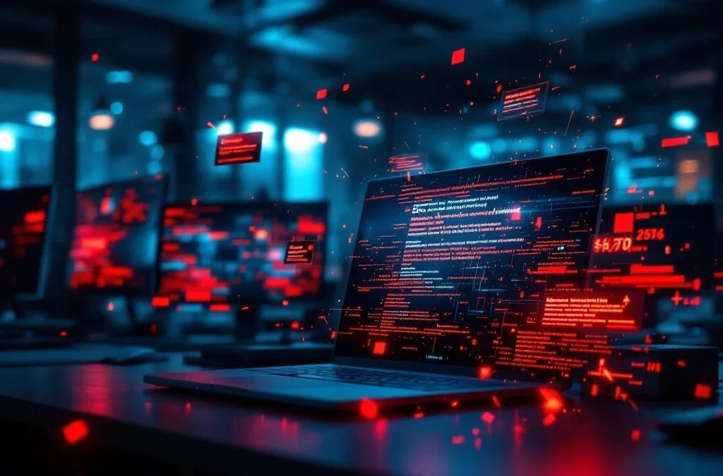 Moderne kantooromgeving tijdens cyberaanval met rode waarschuwingen op computerschermen en beveiligingsmelding op laptop