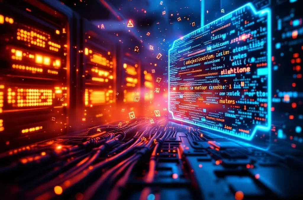 Computernetwerk onder cyberaanval met gloeiende servers, oranje waarschuwingslichten en blauwe firewall-beveiliging