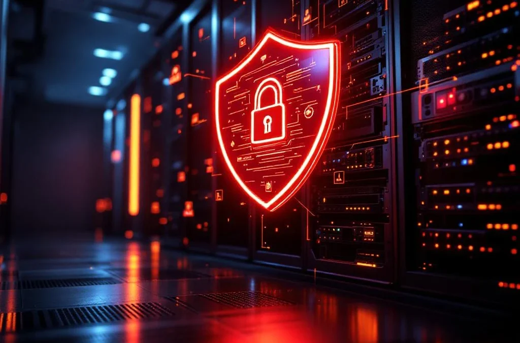 Rode waarschuwingsschild met slot boven serverracks in donkere serverruimte met oranje noodverlichting en cybersecurity symbolen