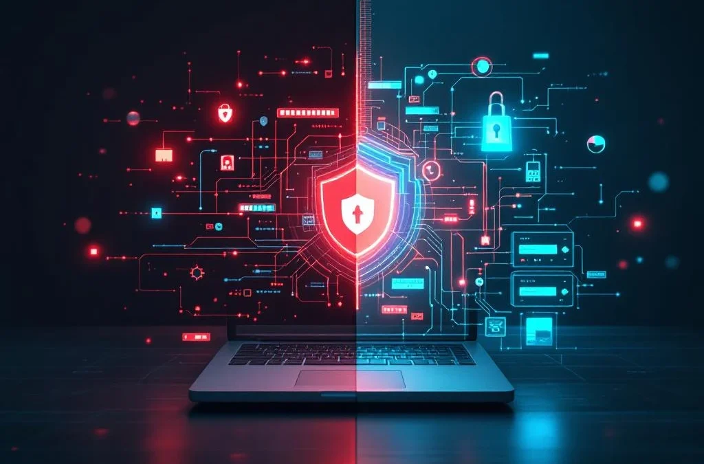 Split-screen vergelijking van basis antivirus (kwetsbare computer met rood waarschuwingslicht) versus uitgebreide ICT-beveiliging