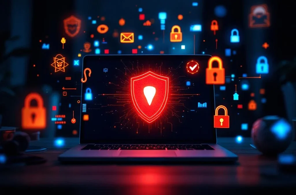 Laptop op bureau toont rood waarschuwingsschild omringd door cybersecurity dreigingssymbolen en beschermingselementen