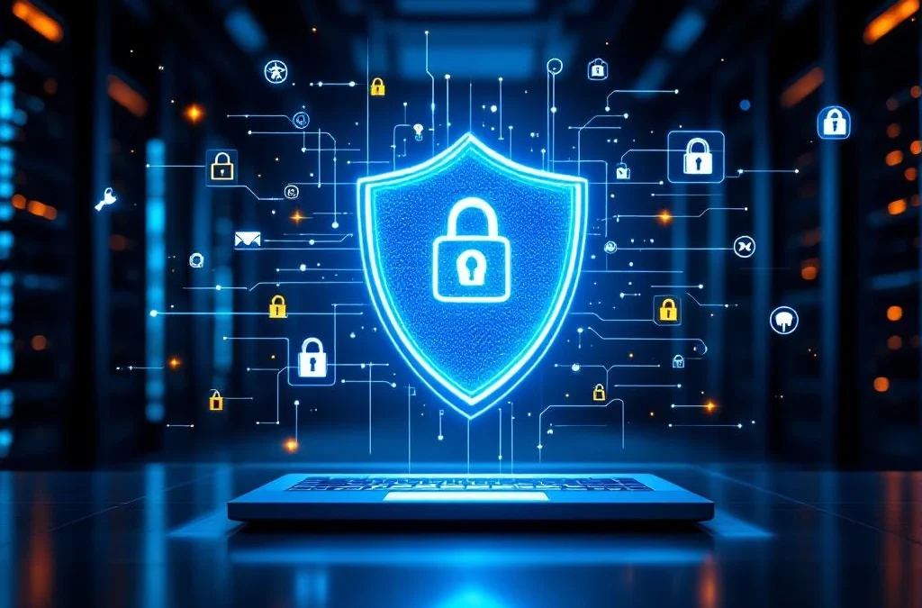 Digitaal beveiligingsschild hologram boven laptop in moderne kantooromgeving met datastromen en cybersecurity iconen