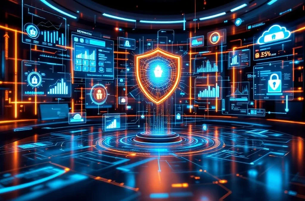 Cybersecurity commandocentrum met holografische displays, netwerkbeveiliging analytics en digitale beveiligingselementen