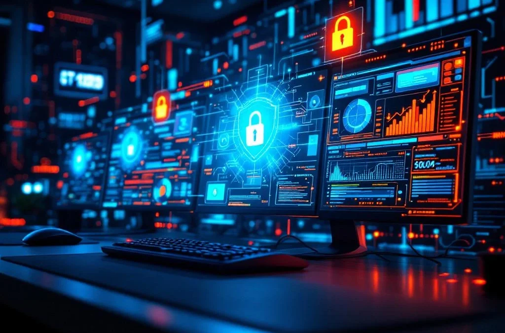Cybersecurity commandocentrum met gloeiende monitors, holografische schildiconen en digitale beveiligingsdashboards