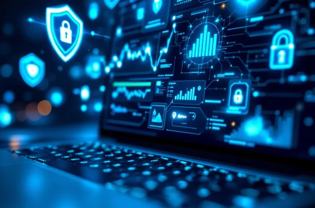 Computerscherm met digitaal beveiligingsdashboard, blauwe statusindicatoren en holografische schildpictogrammen