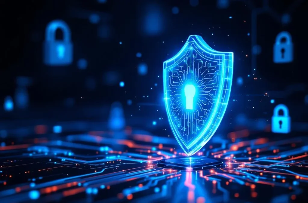 Digitaal cybersecurity schild van blauw licht beschermt servers tegen databedreiging op donkere achtergrond