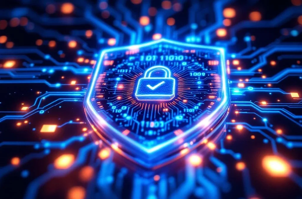 Digitaal cybersecurity schild met blauwe circuits en binaire code tegen donkere achtergrond met netwerkverbindingen