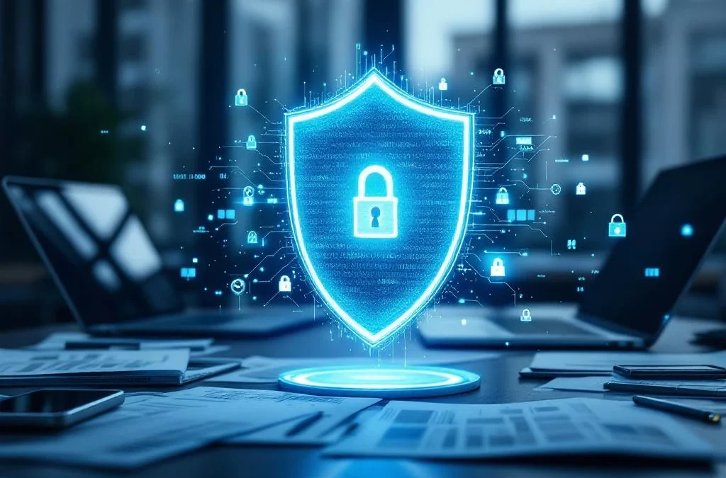 Digitaal veiligheidsschild beschermt zakelijke documenten en laptop op kantoorbureau tegen cyberdreigingen