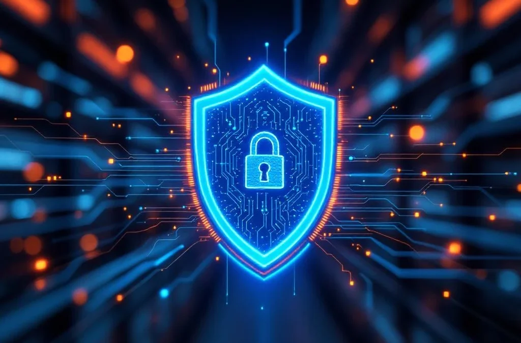 Digitaal beveiligingsschild met blauwe gloed en circuitpatronen tegen donkere serverachtergrond