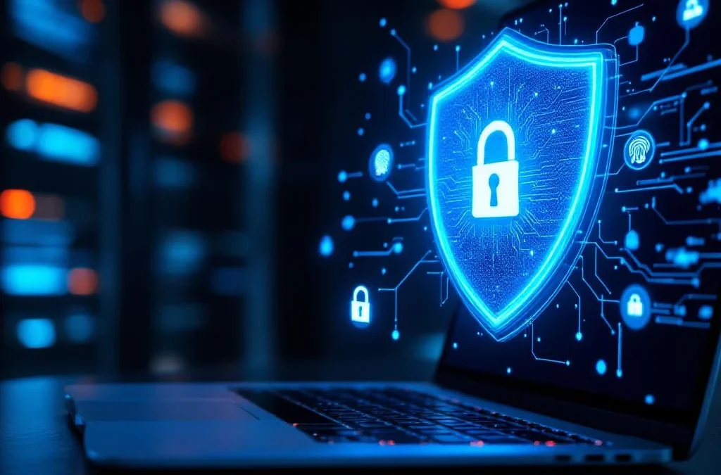 Digitaal beveiligingsschild met gloeiende blauwe circuits boven laptop toetsenbord in professionele kantooromgeving