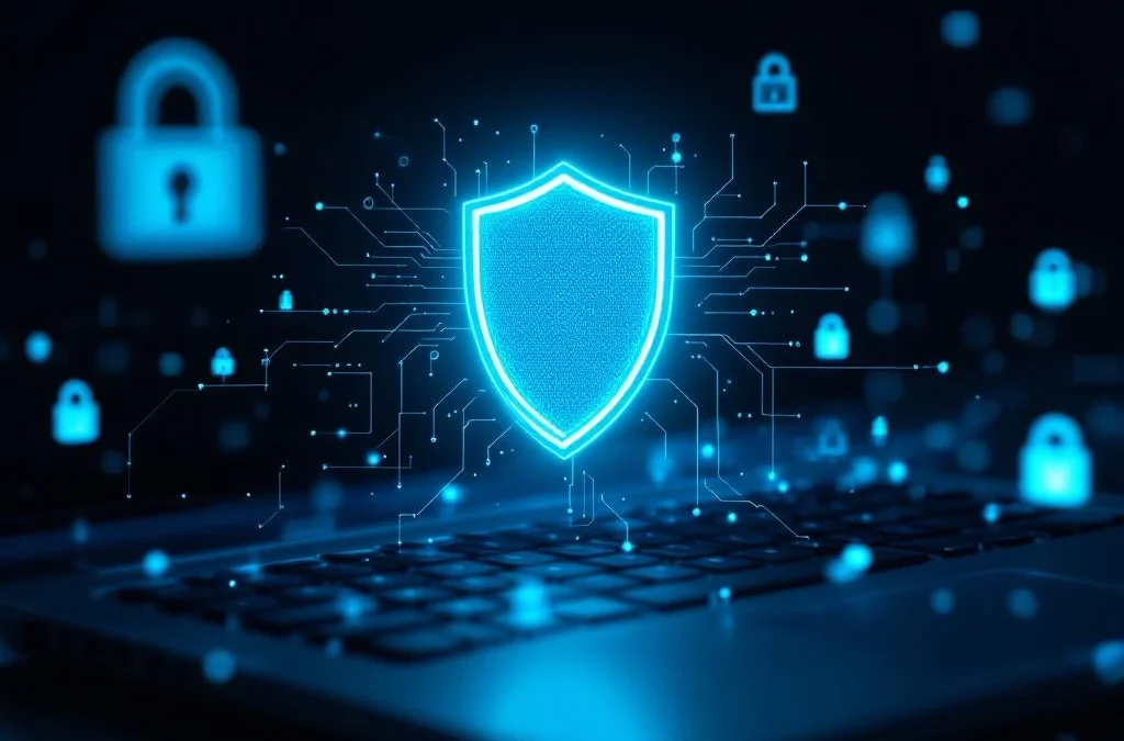 Gloeiend digitaal schildpictogram boven laptoptoetsenbord met blauwe binaire code en cyberbeveiligingssymbolen