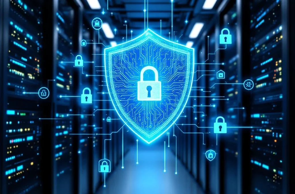 Digitaal beveiligingsschild boven serverrek in datacenter met holografische sloten en firewall-symbolen