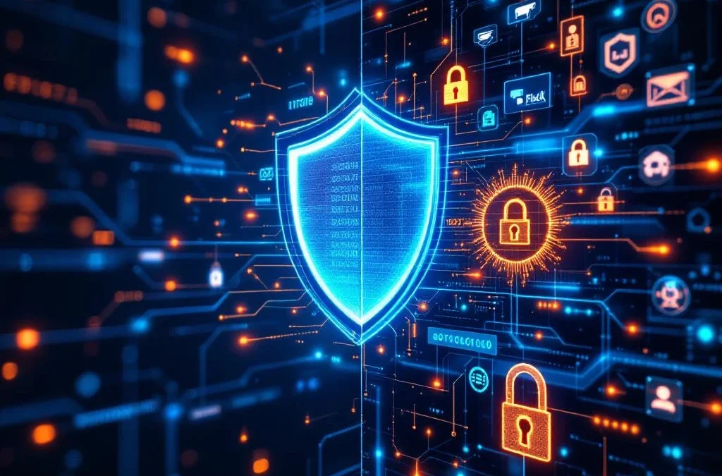 Digitale firewall-schild met beveiligingsecosysteem met versleutelde datastromen en beschermingscircuits in bedrijfsnetwerk