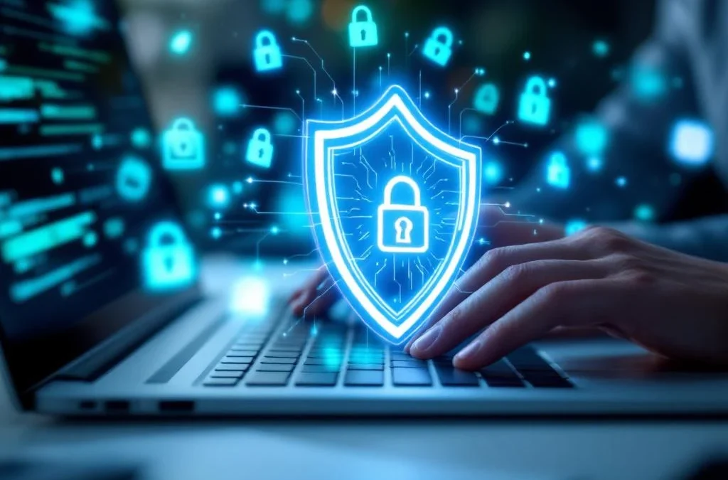 Laptop met holografisch cybersecurity schild en zwevende beveiligingspictogrammen op professioneel bureau