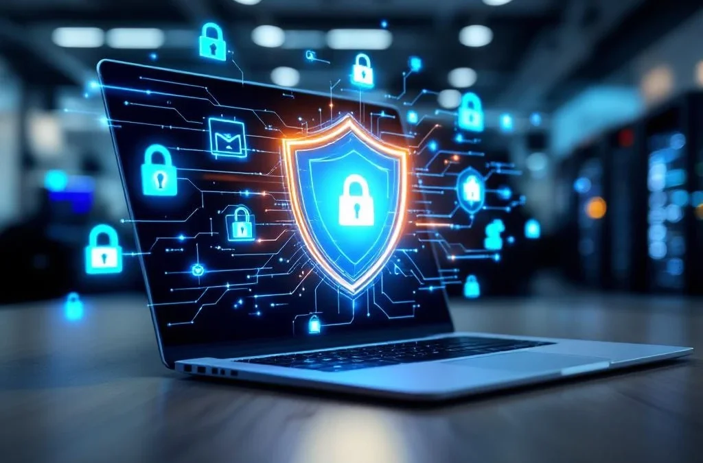 Laptop met gloeiend digitaal schild hologram en cybersecurity iconen op moderne kantoorbureau voor ICT beveiliging