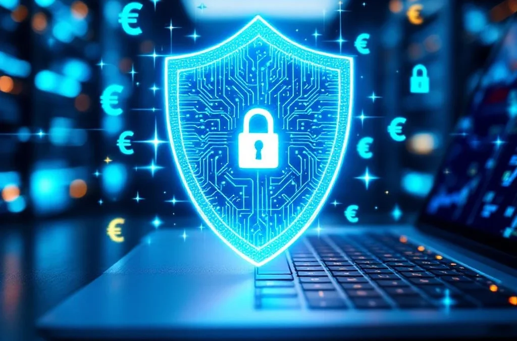 Gloeiend blauw cybersecurity schild boven laptop toetsenbord met euro symbolen en digitale beveiligingsiconen