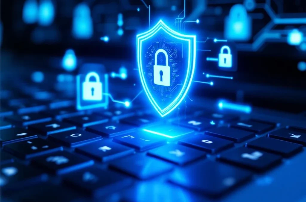 Moderne laptop toetsenbord met zwevende blauwe beveiligingsschilden en digitale slot symbolen voor ICT bescherming