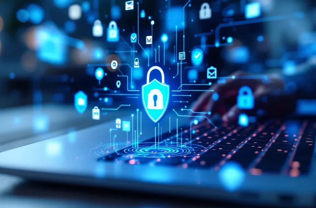 Moderne laptop toetsenbord met gloeiende blauwe circuits en zwevende beveiligingspictogrammen in kantooromgeving