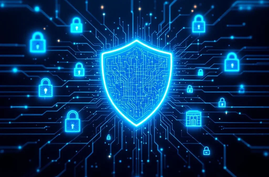 Cybersecurity schild met blauwe digitale circuits omringd door holografische beveiligingspictogrammen op donkere achtergrond