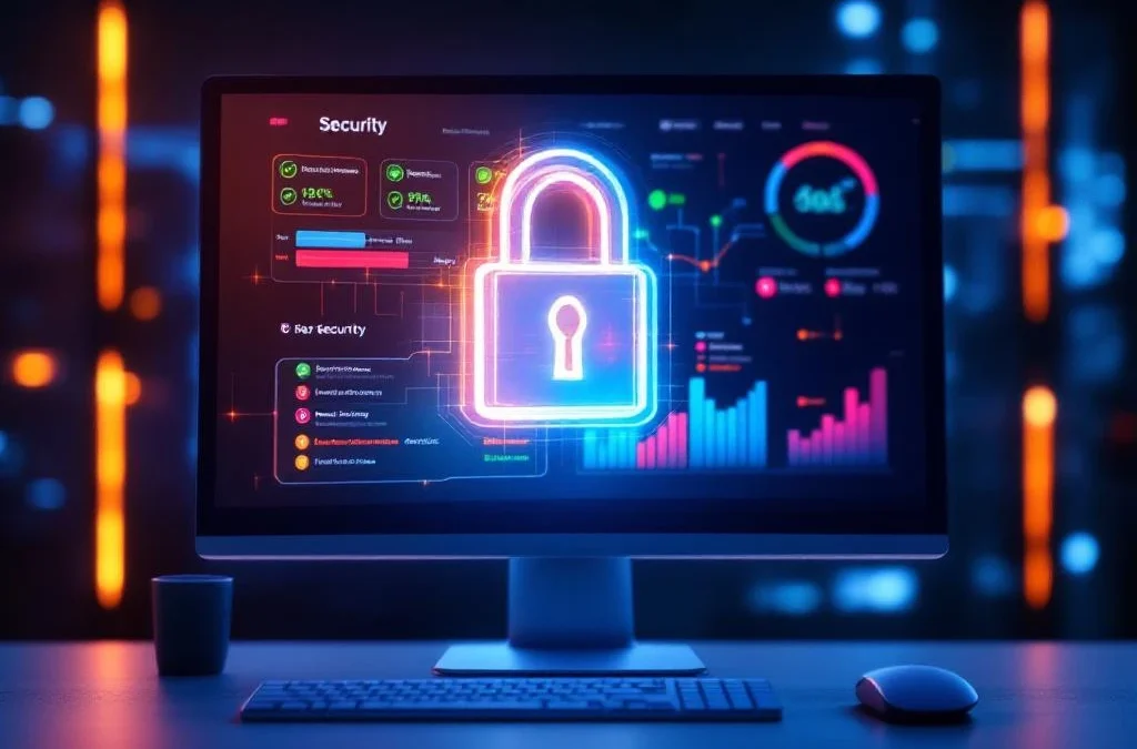 Cybersecurity dashboard op monitor toont analytics met groene vinkjes en rode waarschuwingen op professioneel bureau