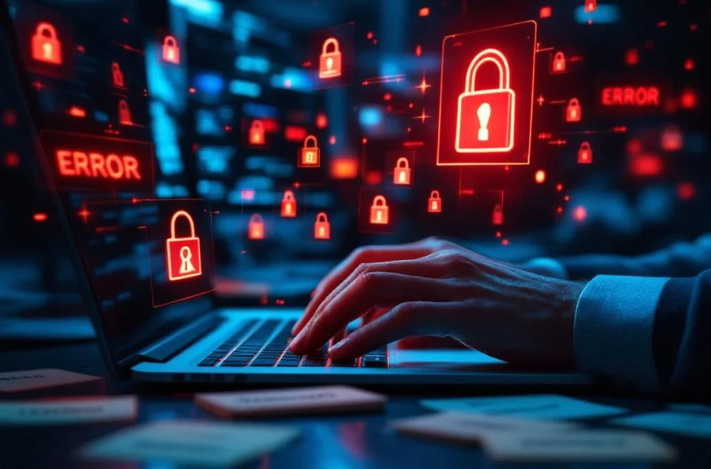 Zakenman typt op laptop met rode cybersecurity waarschuwingen en zwakke wachtwoorden op bureau in donker kantoor