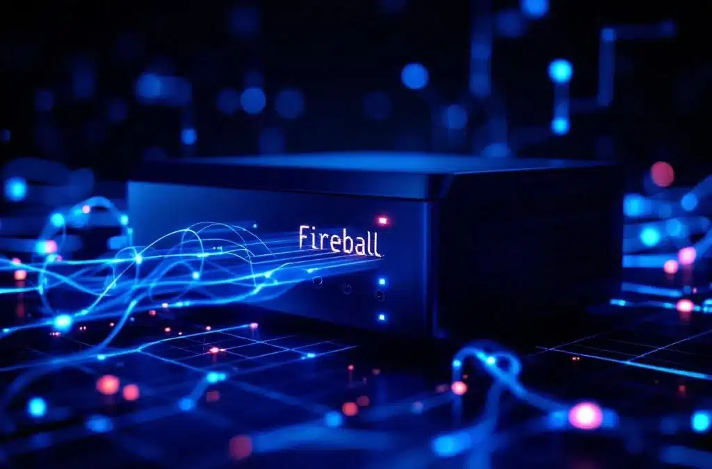 Moderne firewall-apparaat met blauwe LED-indicatoren en digitale netwerkverbindingen tegen donkere achtergrond