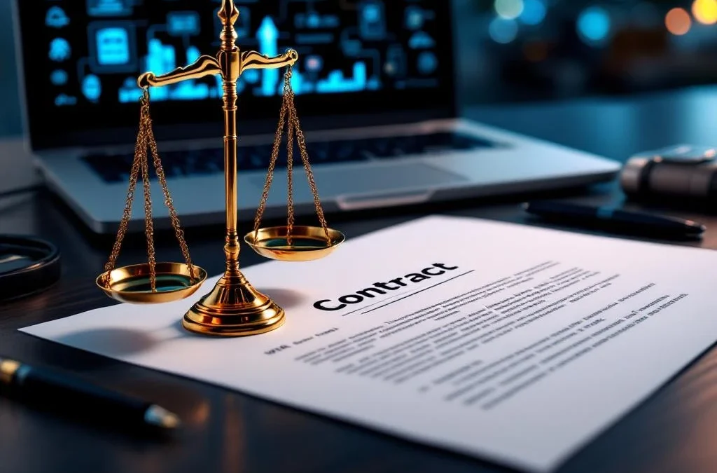 Professioneel contract op bureau met laptop met netwerkdiagrammen, weegschaal van justitie en ICT-infrastructuur elementen