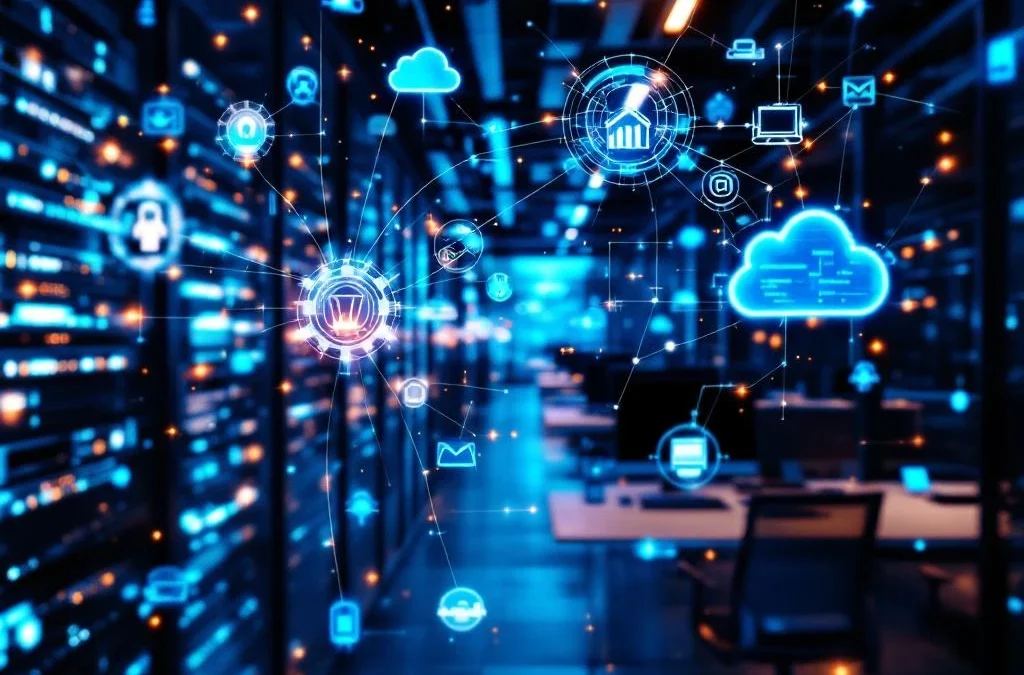 Twee moderne kantooromgevingen verbonden door gloeiende digitale netwerkkabels en holografische ICT-symbolen