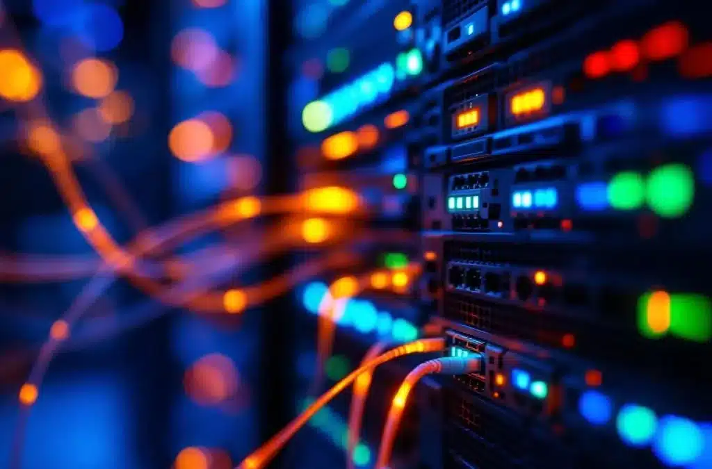 Zwarte Linux serverrack met blauwe LED-lampjes en glasvezelkabels in professioneel datacenter