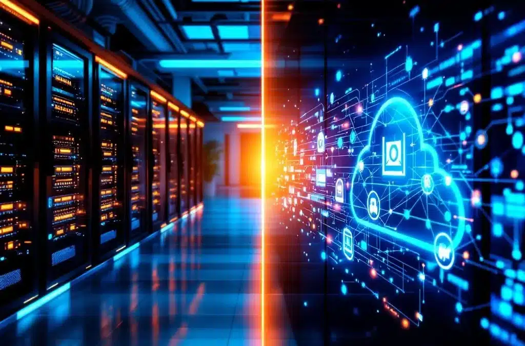 Split-screen vergelijking van interne netwerkbeheer met serverracks versus externe cloudomgeving met digitale knooppunten