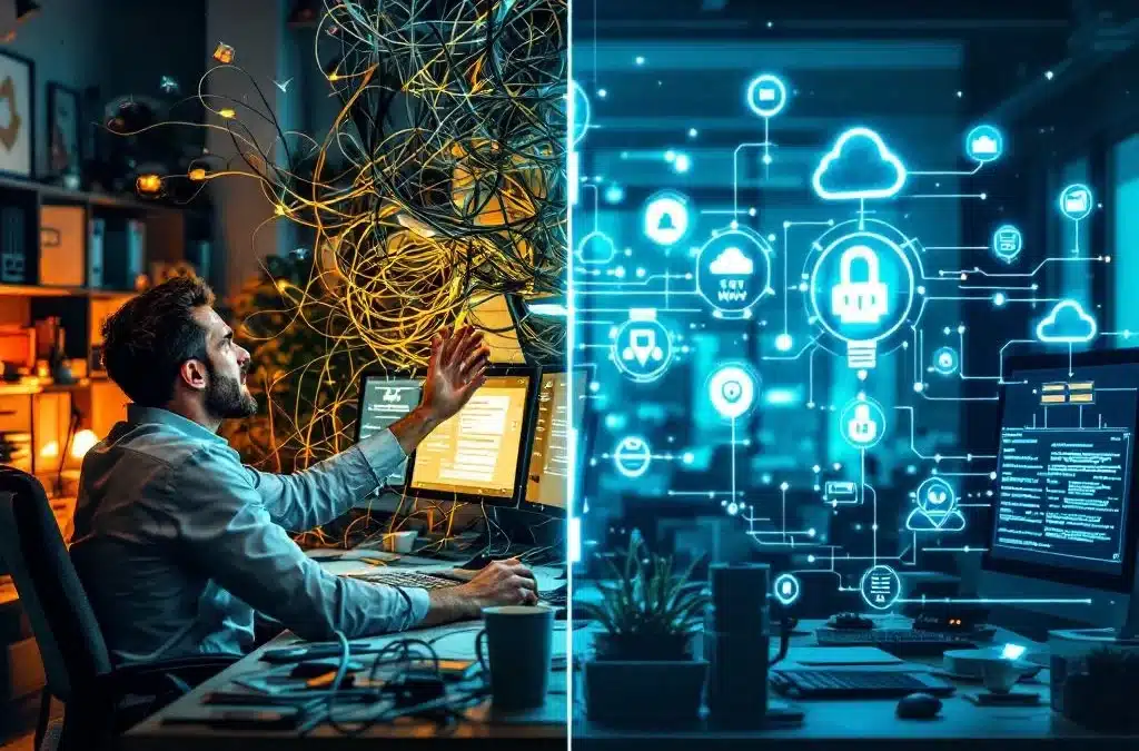 Gefrustreerde ondernemer met IT-problemen tegenover moderne cloud-infrastructuur kantoorruimte