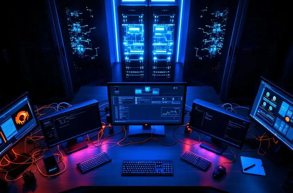 Netwerkbeheerder werkplek met meerdere monitors die netwerktopologie tonen, serverracks en ethernet kabels op bureau