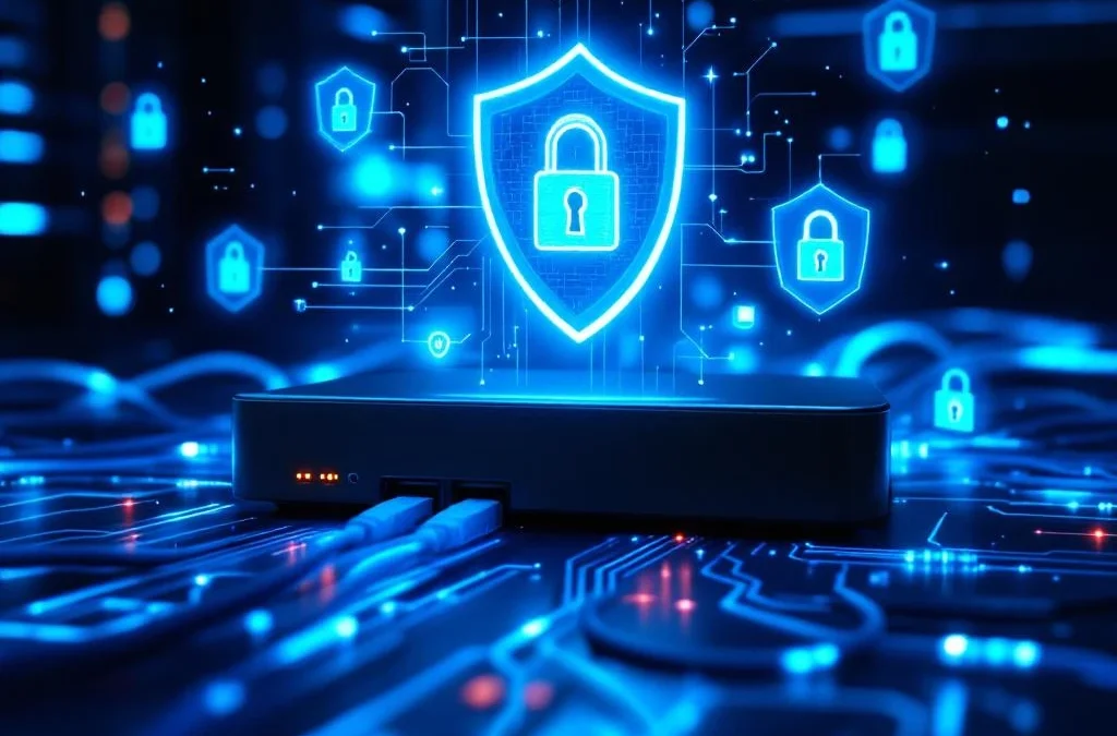 Zwarte firewall-apparaat met blauwe ethernet-kabels en beveiligingspictogrammen in moderne netwerkopstelling