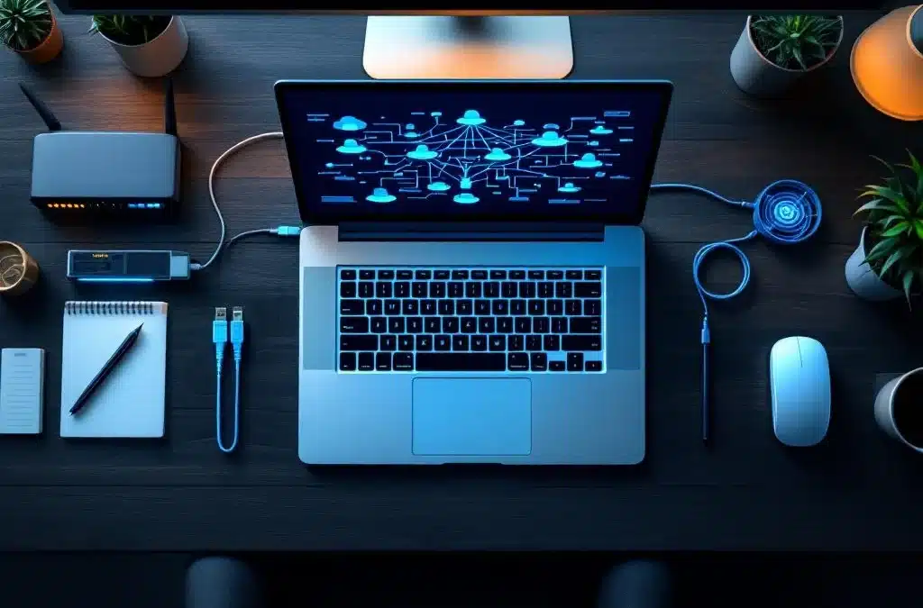 Laptop met netwerkdiagram op bureau omringd door router, switch en server verbonden met blauwe ethernetkabels