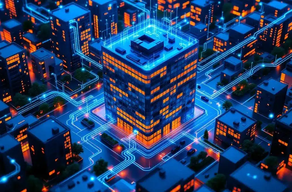 Moderne kantoorgebouw met uitbreidende glasvezel netwerkinfrastructuur, blauwe verbindingslijnen naar omliggende gebouwen