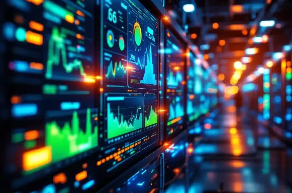 Netwerkmonitoringdashboard op meerdere schermen in serverruimte met blauwe datastromen en knipperende LED-statuslichten