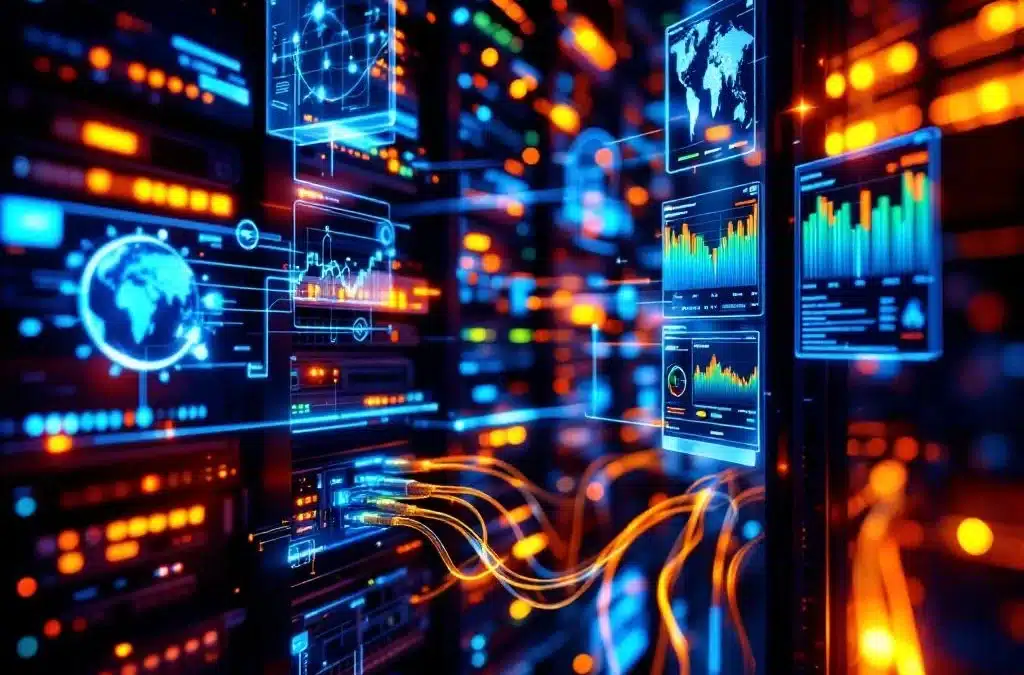 Moderne serverrack met blauwe LED-indicatoren, netwerkkabels en holografische datatopologie op monitoren