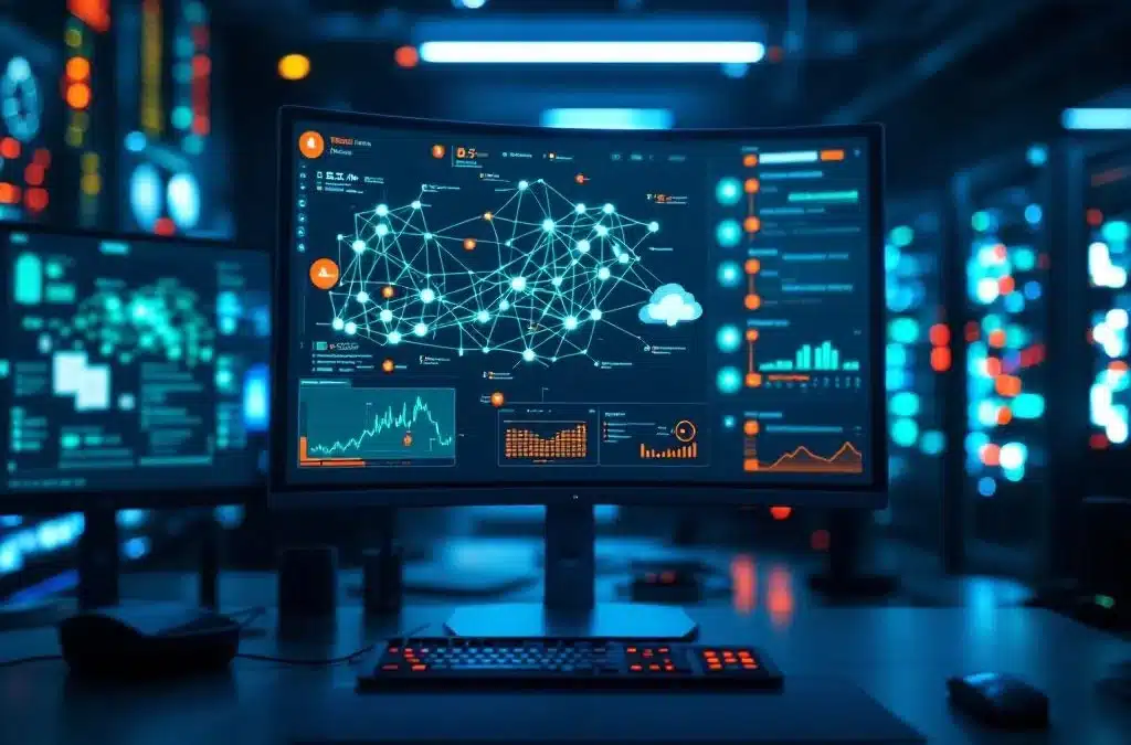 Netwerkoperatiecentrum met meerdere monitors die real-time netwerkdiagrammen en serverstatus tonen, professionele IT-omgeving