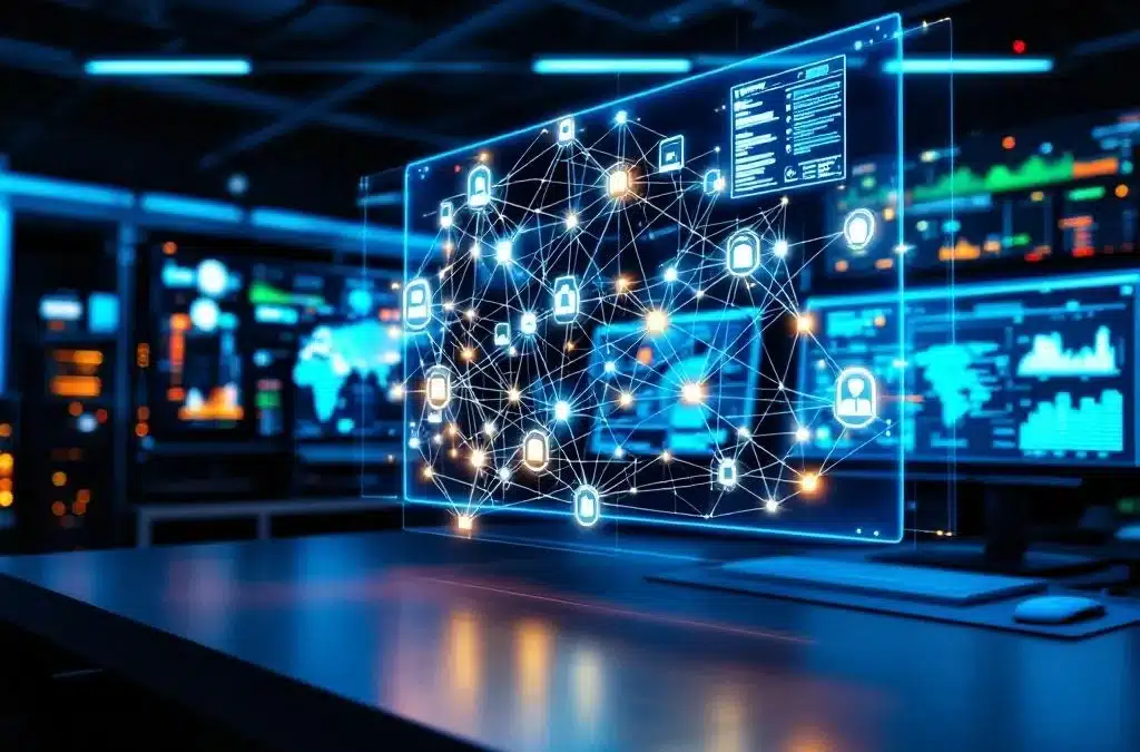 Moderne netwerkoperatiecentrum met gloeiende monitors die netwerktopologie en beveiligingsdashboards tonen