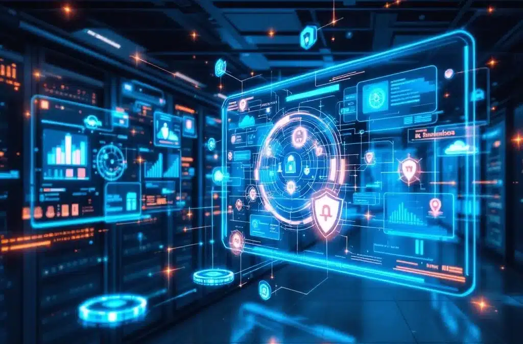 Futuristisch netwerkoperatiecentrum met holografische displays, AI-dashboards en zwevende netwerkverbindingen in blauw-oranje