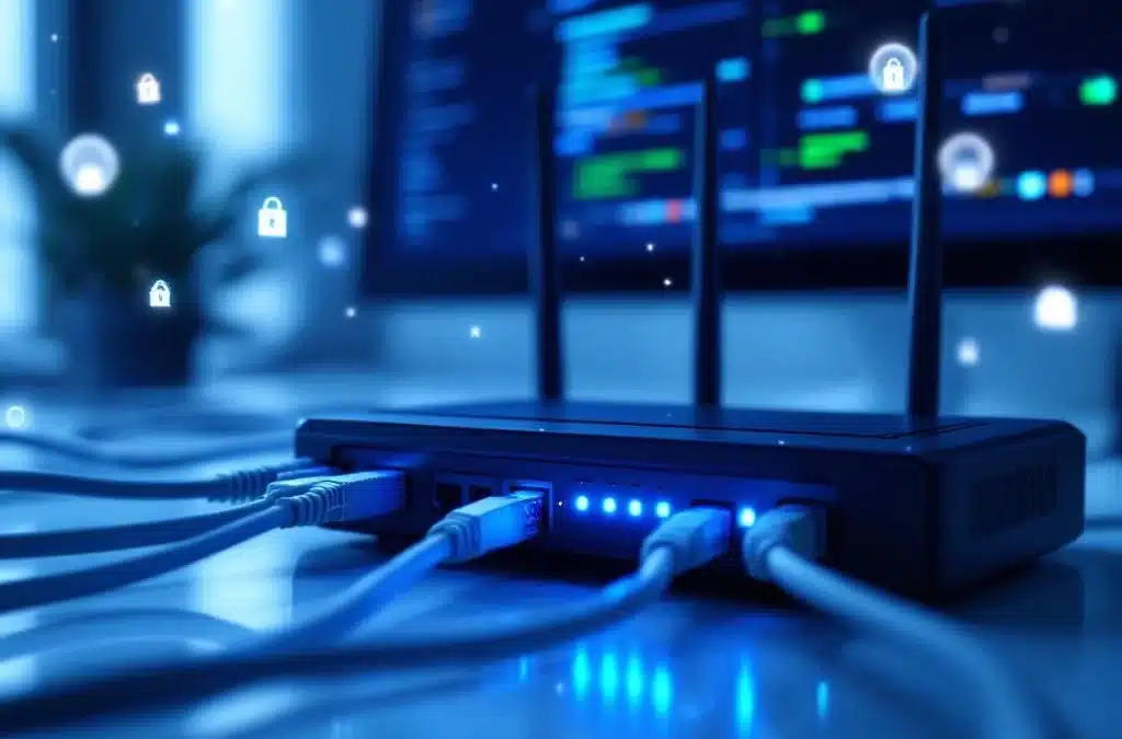 Moderne netwerkrouter met blauwe LED-indicatoren en ethernetkabels op professionele ICT-werkplek