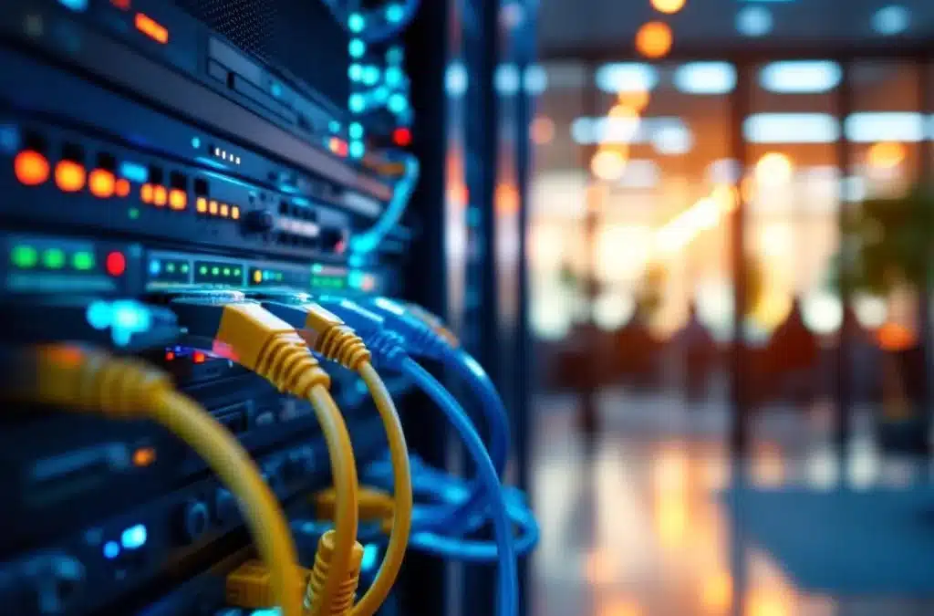 Netwerkservers met blauwe LED-verlichting en ethernet-kabels in moderne kantooromgeving met IT-infrastructuur