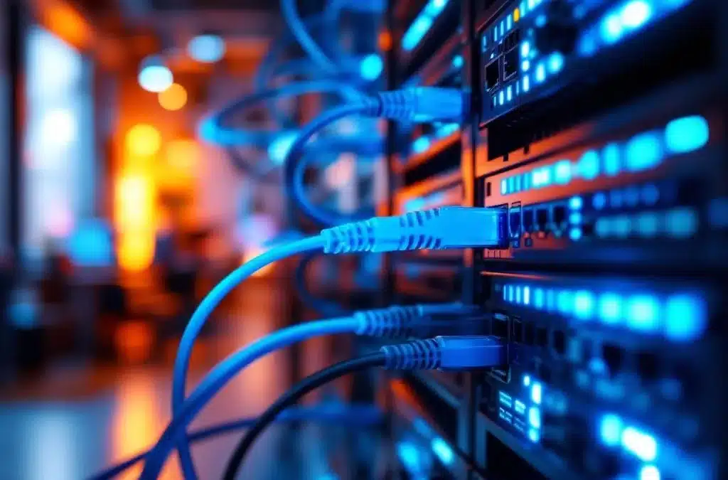 Moderne netwerkservers met blauwe LED-verlichting en ethernet-kabels in een kantooromgeving