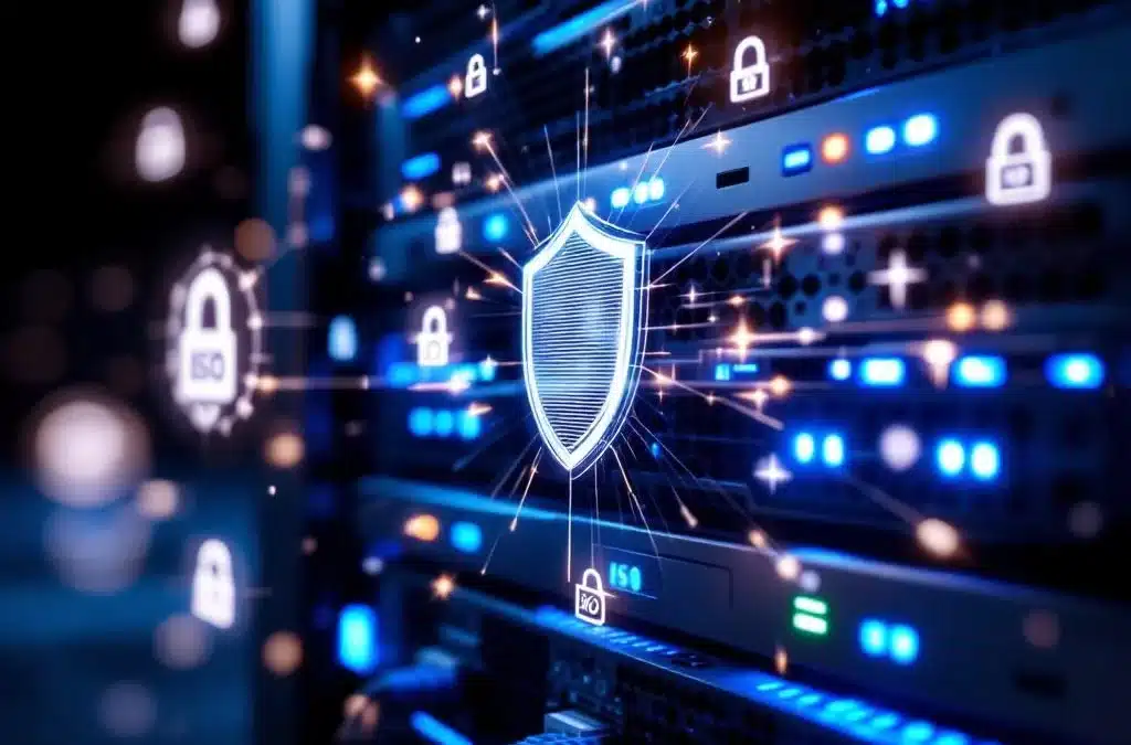 Moderne netwerkserverrack met blauwe LED-indicatoren, omgeven door digitale beveiligingssymbolen en holografische certificaten