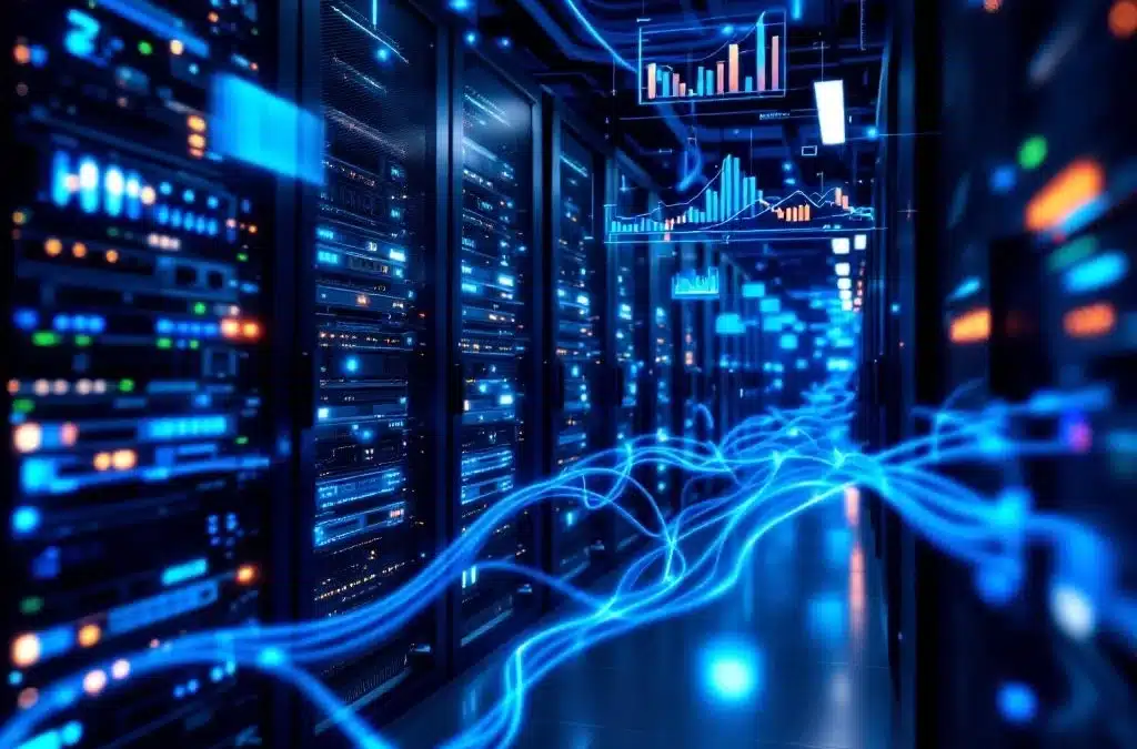 Moderne serverruimte met verlichte netwerkapparatuur, blauwe ethernet-kabels en holografische prestatiegrafieken