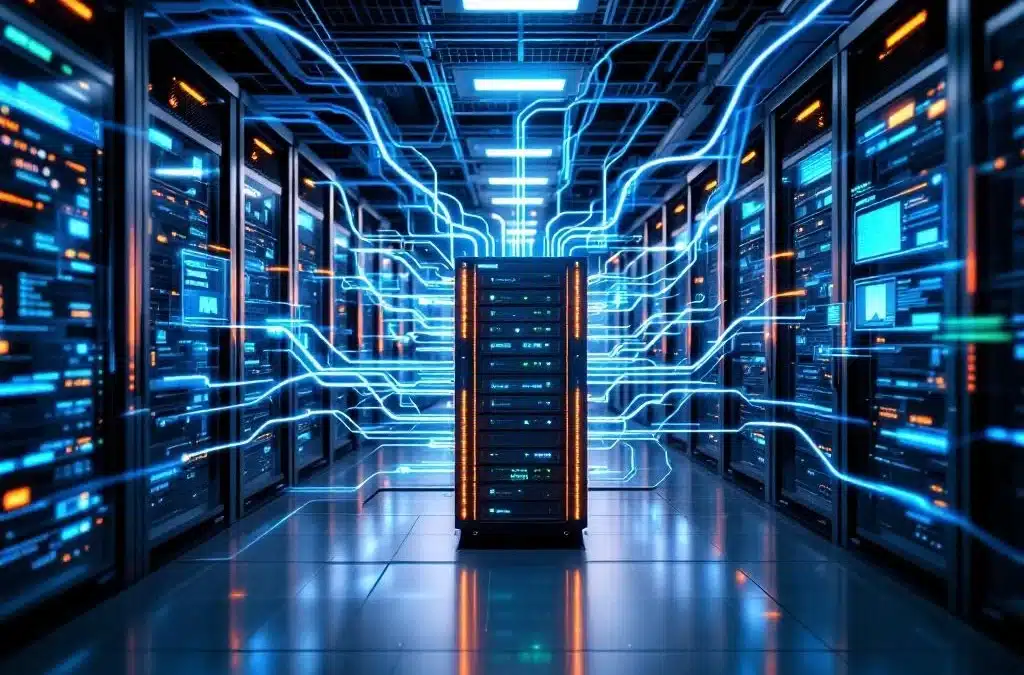 Netwerkserverruimte met verlichte blauwe ethernetkabels, moderne rackservers en holografische monitoringdisplays