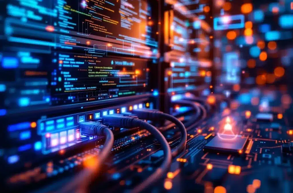 Moderne netwerkserver met blauwe LED-indicatoren, ethernet-kabels en zwevende holografische code-elementen