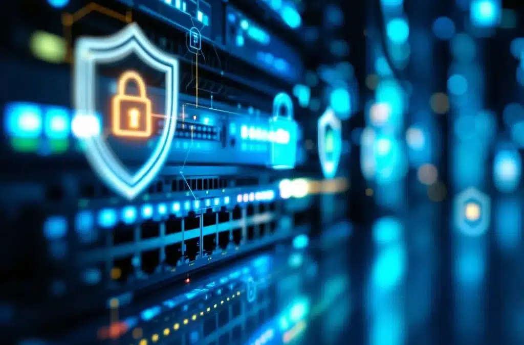 Netwerkserverrek met blauwe LED-indicatoren en ethernet-kabels, omgeven door digitale beveiligingspictogrammen in datacenter
