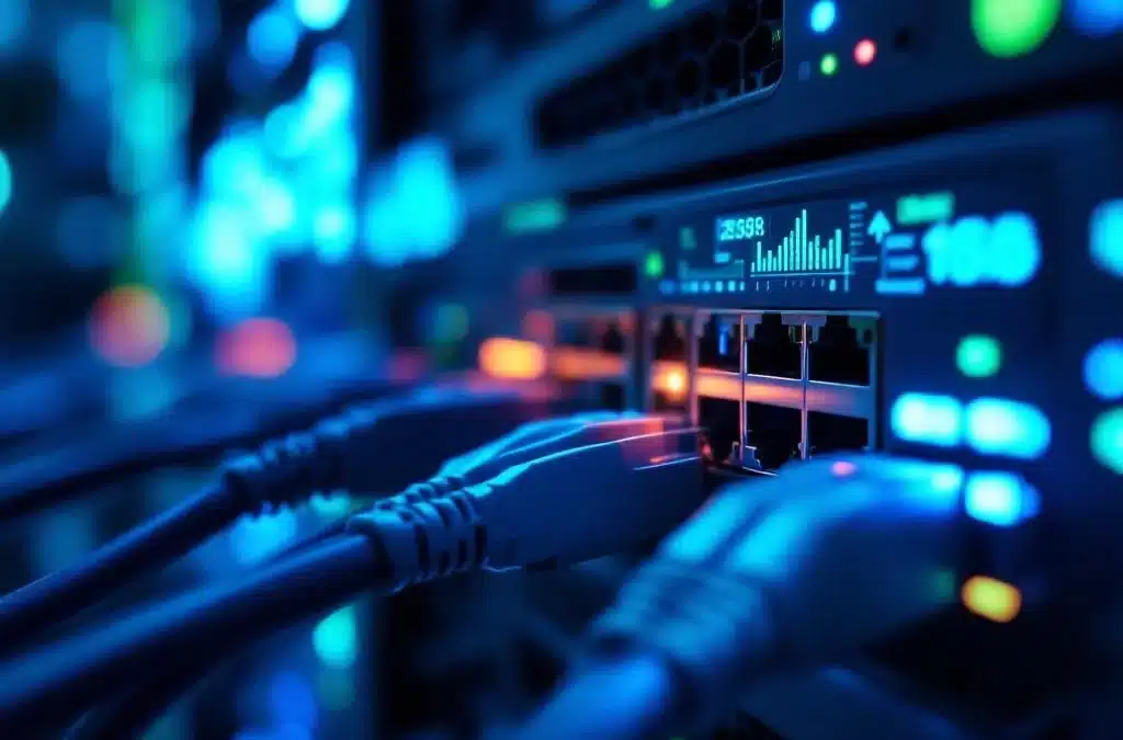 Moderne netwerkserverrack met blauwe LED-statuslichten, georganiseerde ethernetkabels en groene gezondheidsmonitors